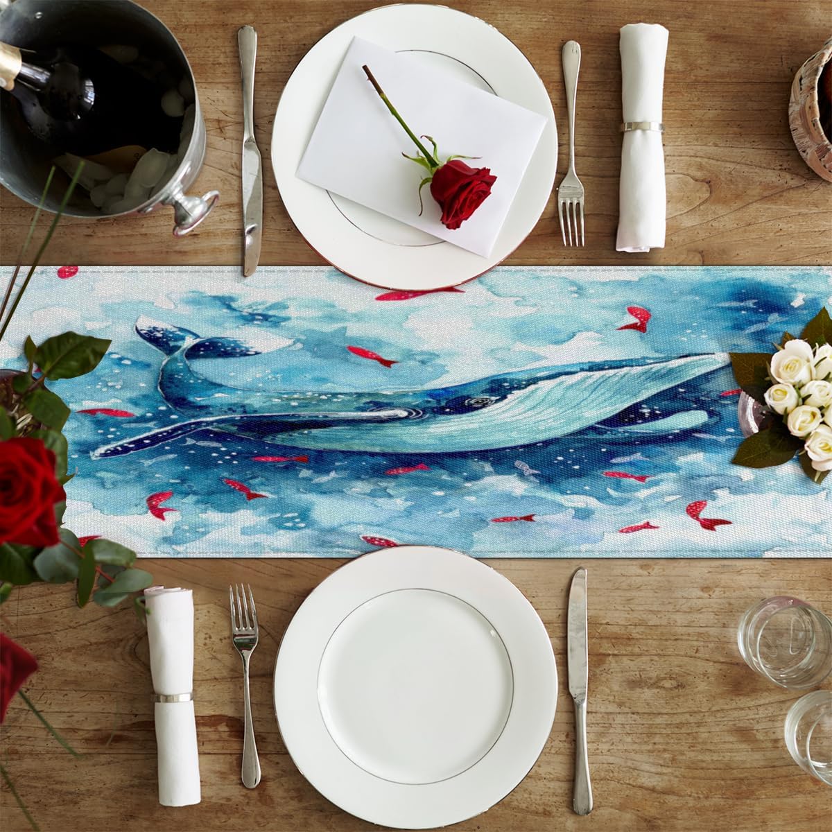 Camino de mesa de acuarela delfines, mantel de lino rústico otoñal, decoración de mesa de cocina y comedor para fiesta en el hogar, 13 x 72 pulgadas