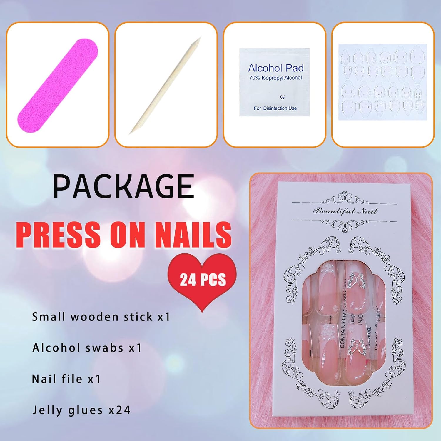 Uñas postizas a presión con punta francesa blanca y cuadradas, diseño de encantos de mariposa prearls, color rosa, uñas postizas extra largas, 24