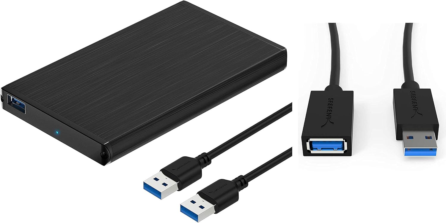Sabrent Carcasa de disco duro externo de aluminio SATA ultradelgada USB 3.0 a 2.5 pulgadas + cable de extensión USB 3.0 de 22 AWG de 3 pies