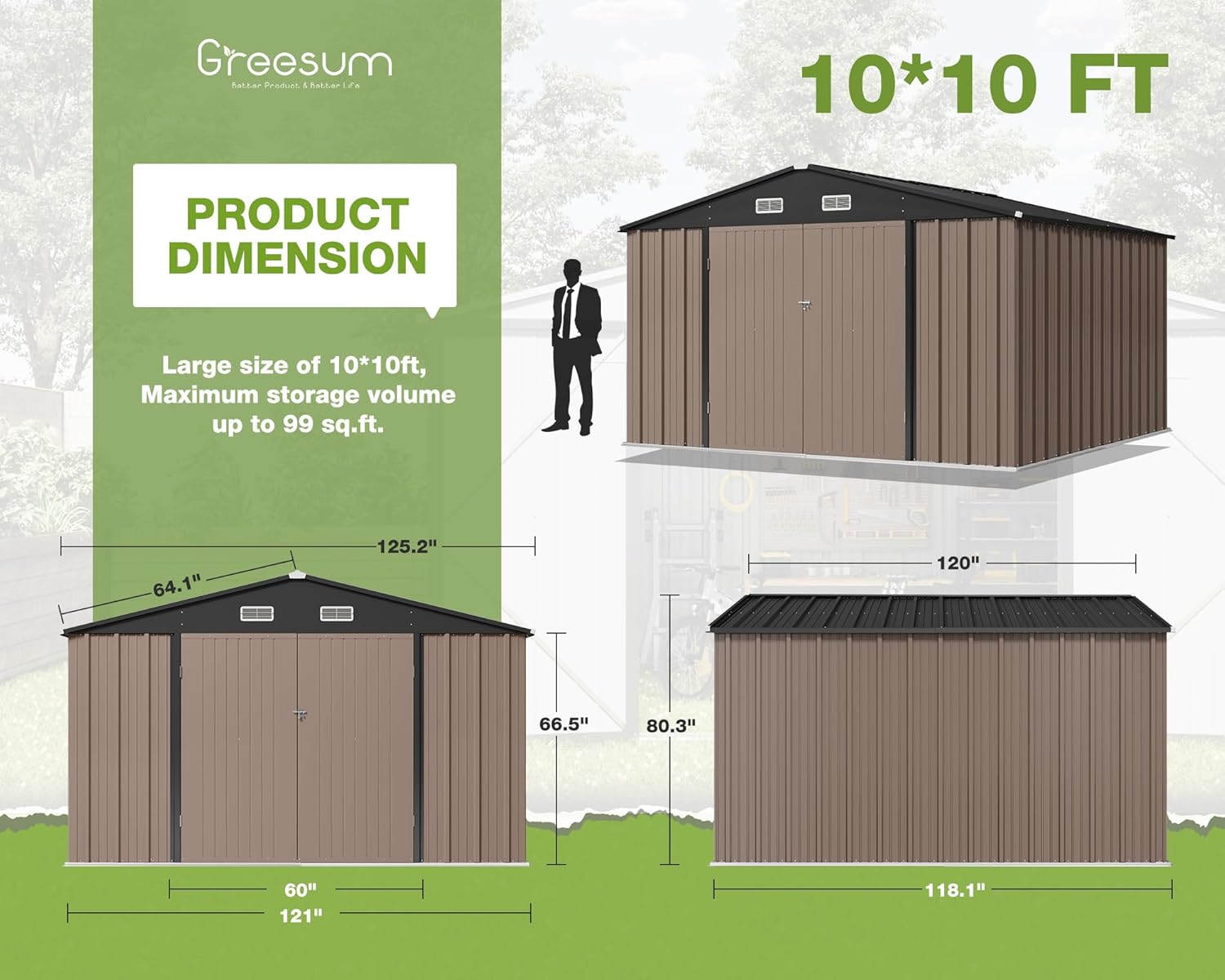 Greesum Cobertizo de almacenamiento para exteriores, 10 x 10 pies, cobertizo de herramientas de acero con puerta y cerradura, cobertizos de metal