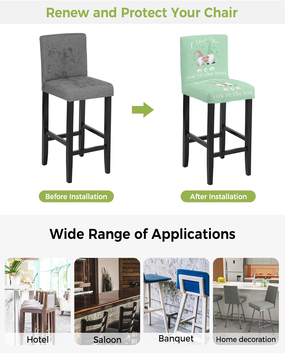 TweetyBed Bar Stool Covers I Love You Mom Stretch Removable Bar Chair Cover Gnome Green Backdrop Counter Slipcovers for Kitchen Pub Dining Room Cafe