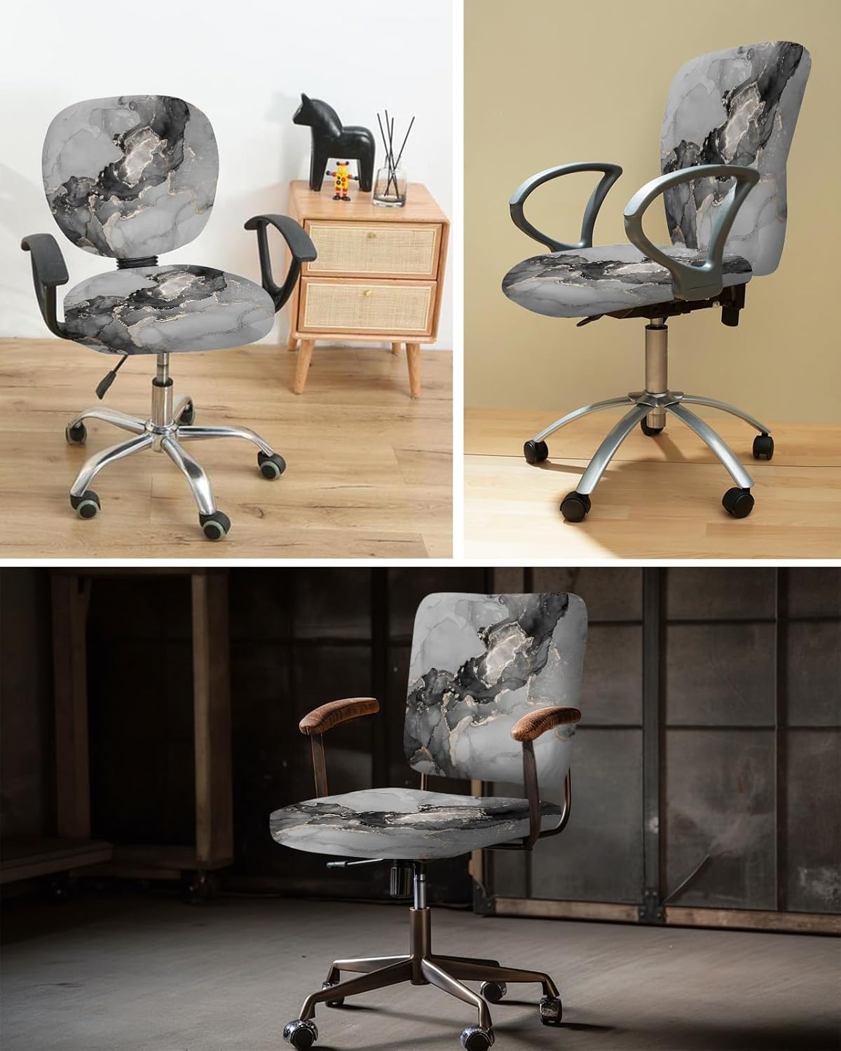 TweetyBed Funda para silla de oficina, diseño de mármol negro y gris, elástico, universal, para silla de computadora, abstracto, lujoso, geométrico,