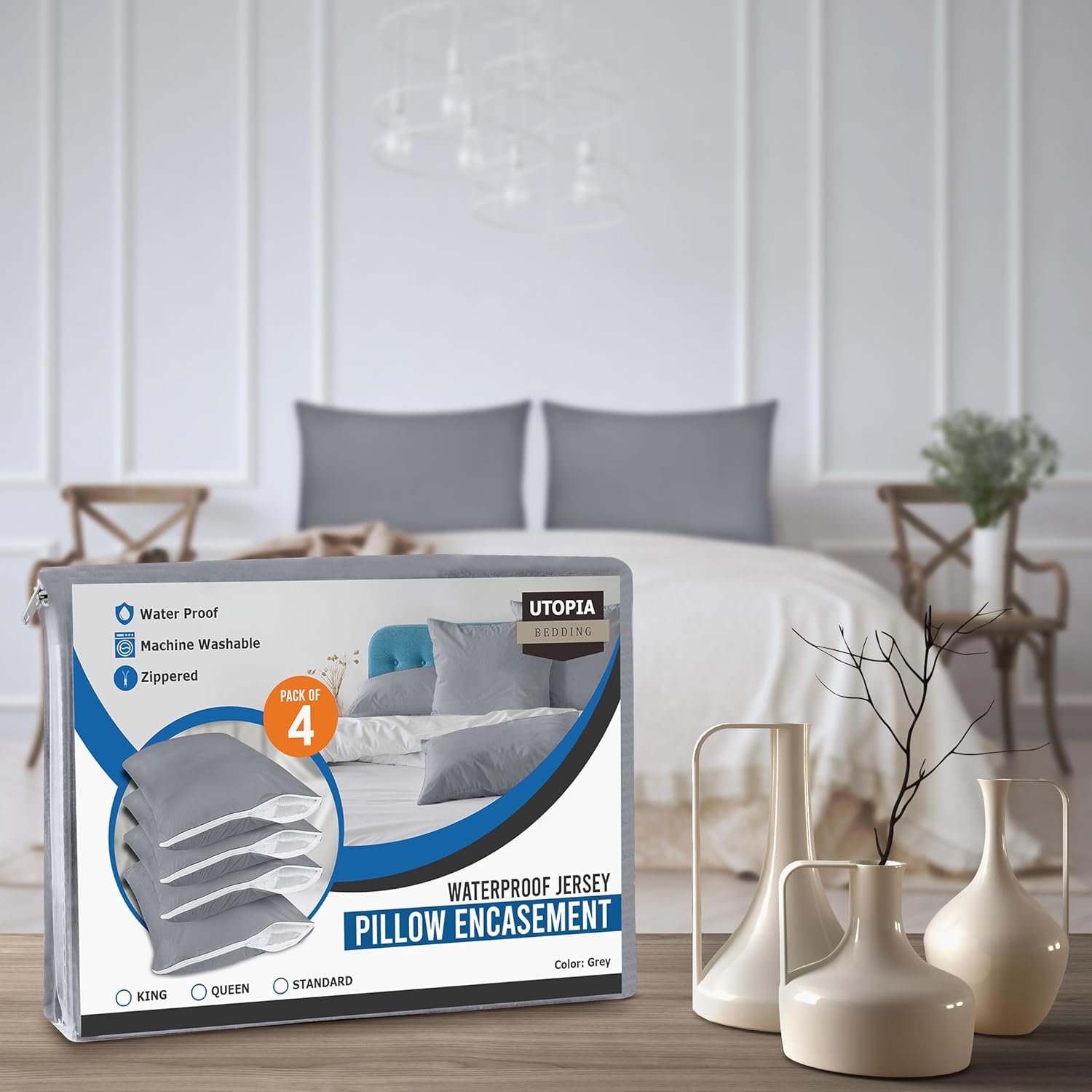 Utopia Bedding Protector de almohada impermeable con cremallera (paquete de 4) Queen Grey – Funda de almohada a prueba de chinches de 20 x 28
