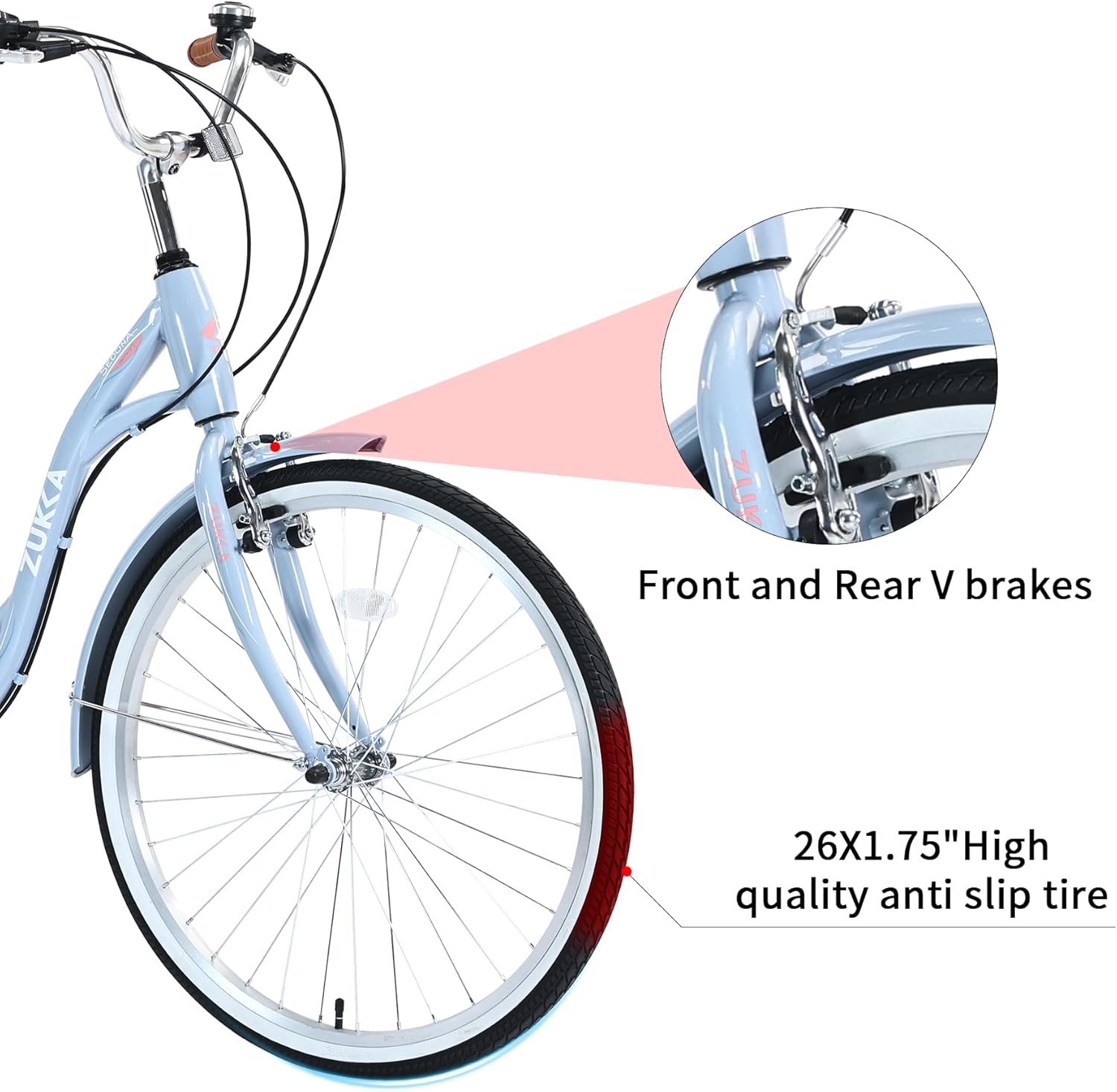 Bicicleta de playa de 26 pulgadas para mujer, bicicleta de viaje de 7 velocidades con asiento ajustable y frenos en V duales