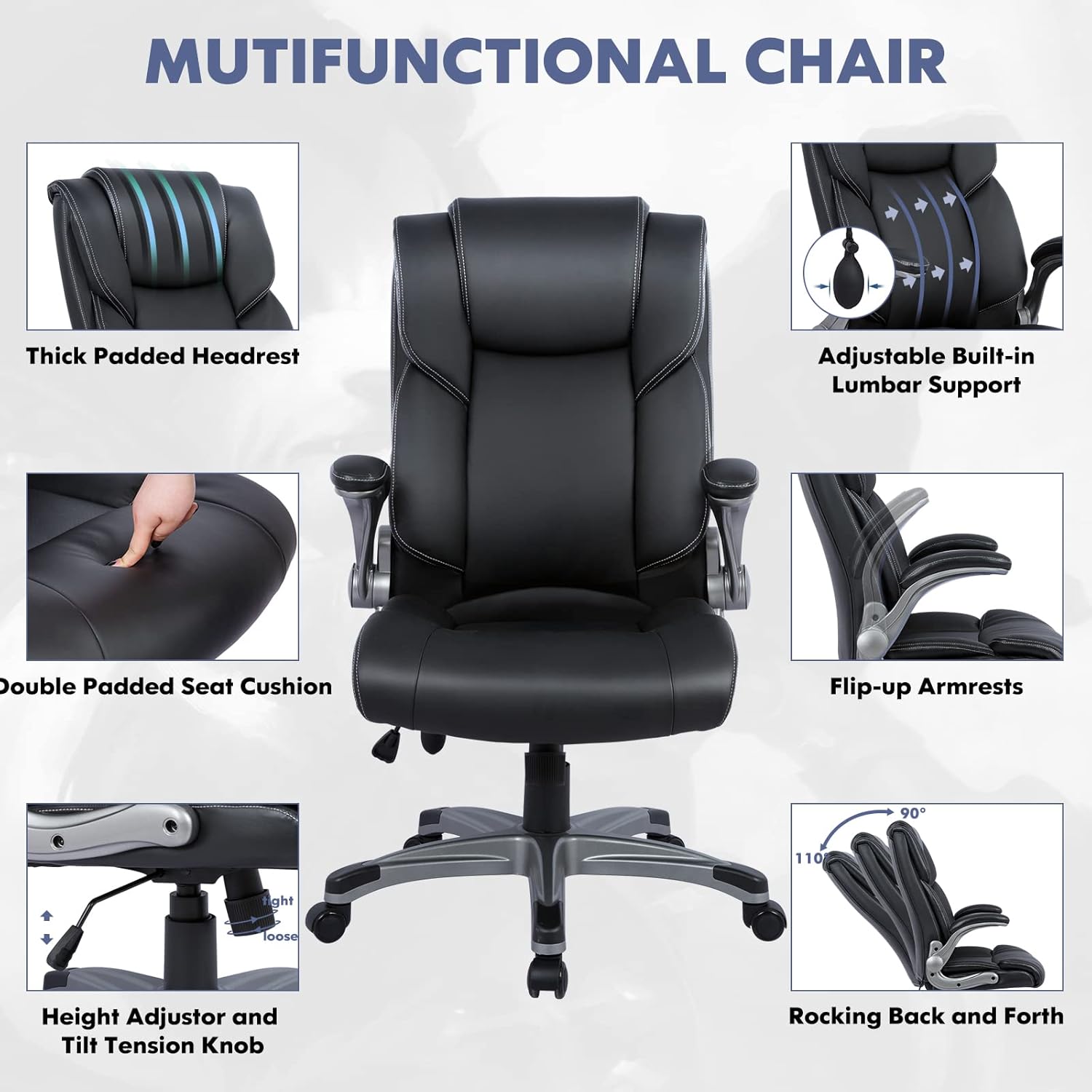 Silla de oficina ejecutiva de respaldo alto, silla ergonómica de cuero para computadora con brazos abatibles acolchados, bloqueo de inclinación