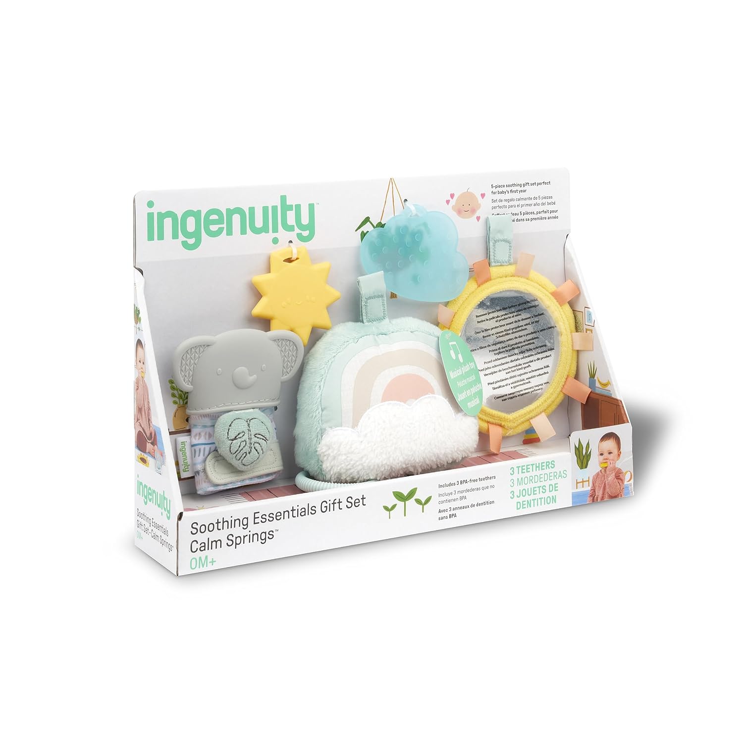 Ingenuity Calm Springs – Juego de regalo de artículos esenciales relajantes, juguete musical, sonajero, espejo, 2 mordedores para bebé