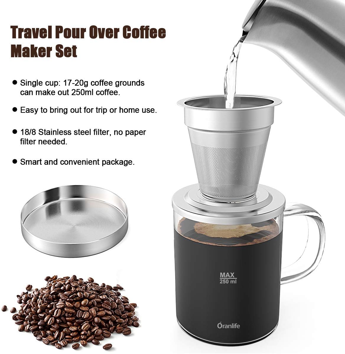 Oranlife Juego de cafetera para viajescampamentossenderismo, taza individual, filtro de café de acero inoxidable, taza de vidrio de borosilicato de