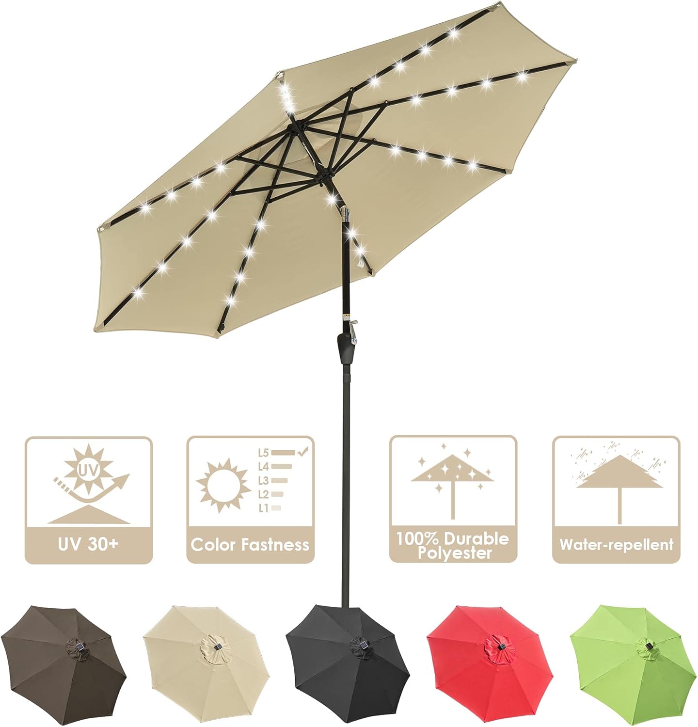 Yescom Sombrilla LED solar de 9 pies para exteriores, 8 costillas, 32 luces, para patio, jardín, mercado, con manivela inclinable, UV30+, color beige