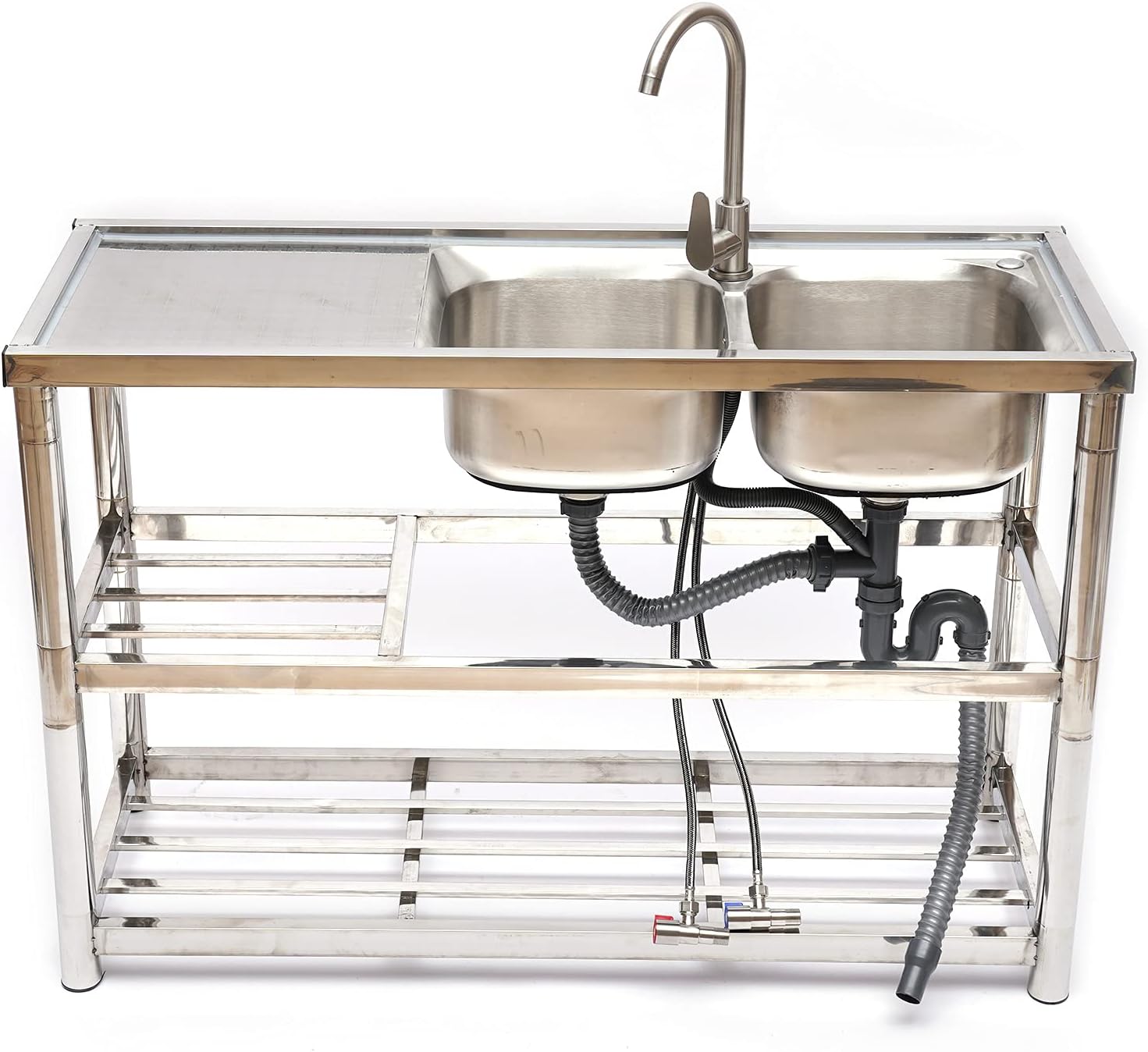 Fregadero de cocina comercial, fregadero de acero inoxidable de 2 compartimentos, fregadero de restaurante independiente, mesa de preparación de