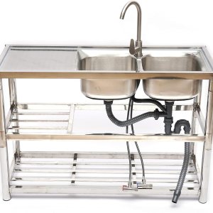 Fregadero de cocina comercial, fregadero de acero inoxidable de 2 compartimentos, fregadero de restaurante independiente, mesa de preparación de Fregadero de cocina comercial, fregadero de acero inoxidable de 2 compartimentos, fregadero de restaurante independiente, mesa de preparación de