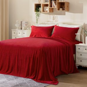BYSURE Sábanas de franela de doble cara (tamaño matrimonial, rojo), sábanas de microfibra aterciopelada de 4 piezas de 15 pulgadas, ropa de cama de BYSURE Sábanas de franela de doble cara (tamaño matrimonial, rojo), sábanas de microfibra aterciopelada de 4 piezas de 15 pulgadas, ropa de cama de
