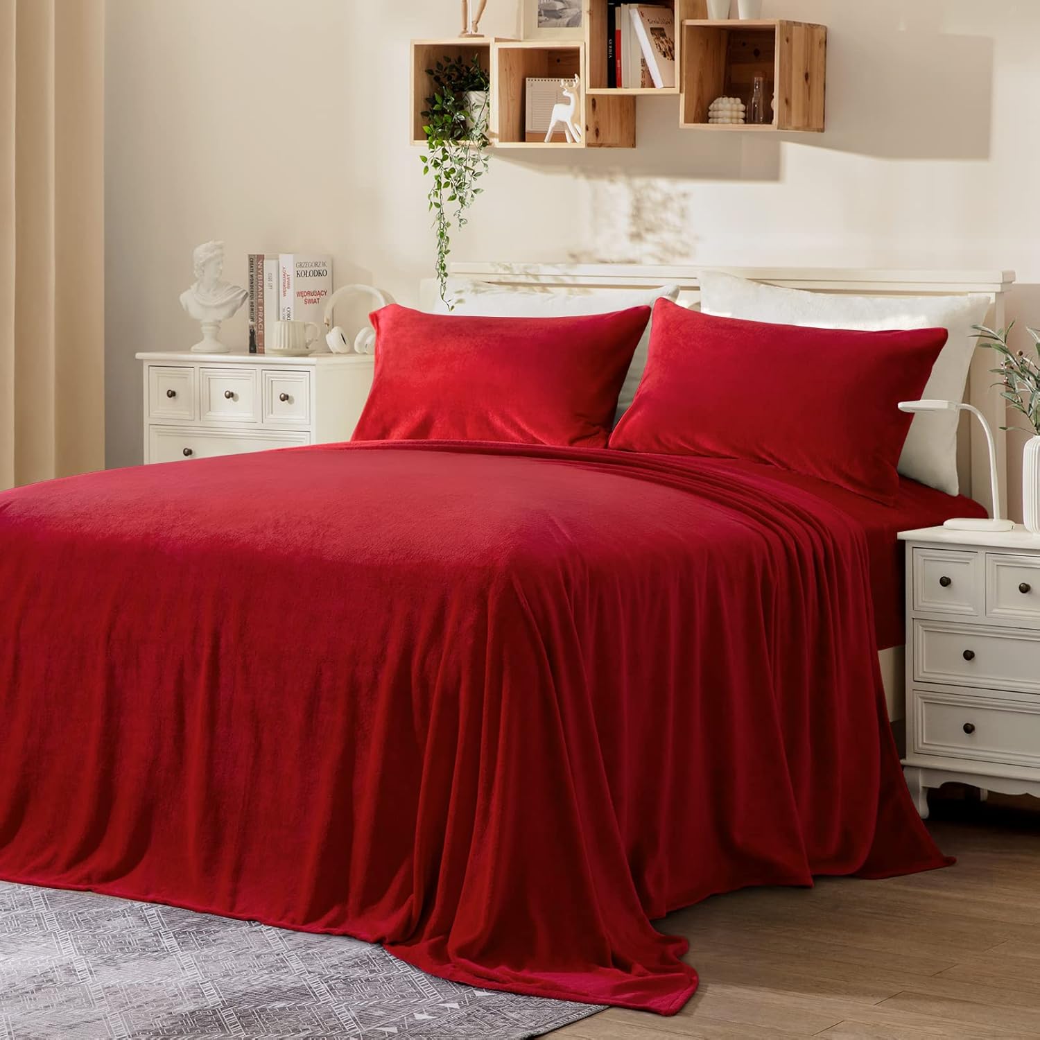 BYSURE Sábanas de franela de doble cara (tamaño matrimonial, rojo), sábanas de microfibra aterciopelada de 4 piezas de 15 pulgadas, ropa de cama de
