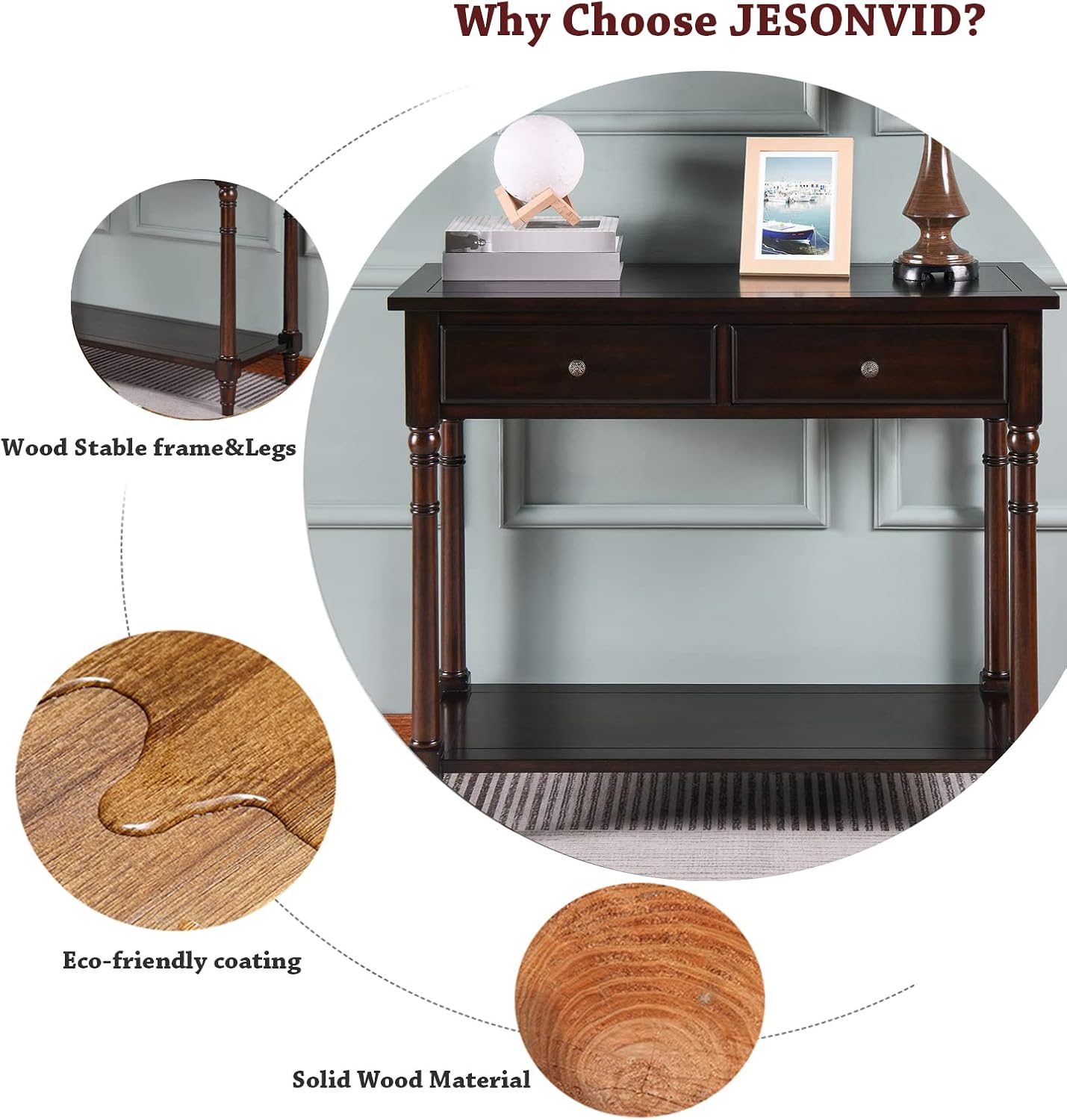 Mesa consola de madera maciza con 2 cajones, mesa de sofá decorativa de 2 niveles de 35.4 x 30 pulgadas con estante de almacenamiento multicapa,