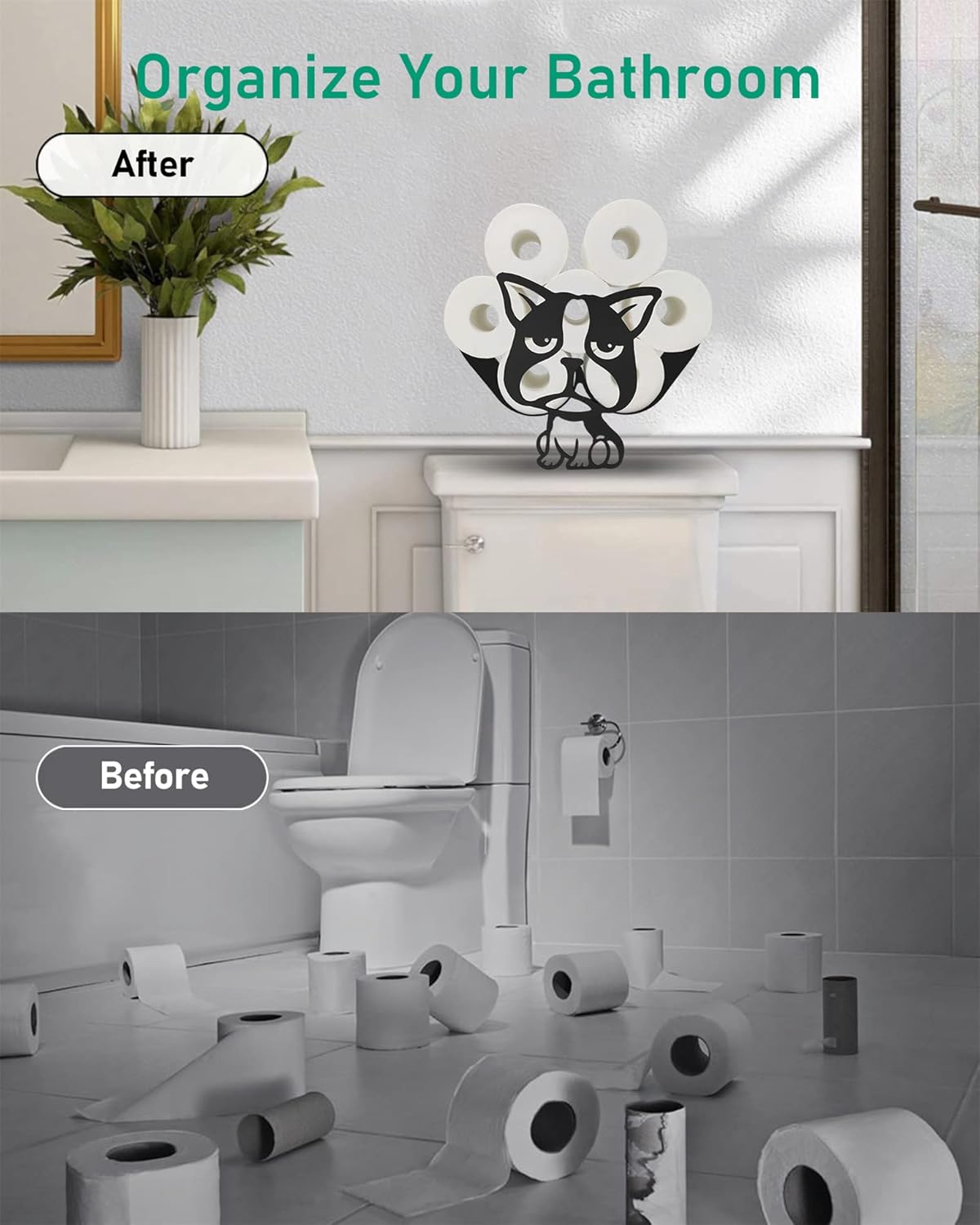 Gojoamoy Bulldog Soporte de almacenamiento de papel higiénico, decoración de animales de metal, decoración de baño, organizador independiente para