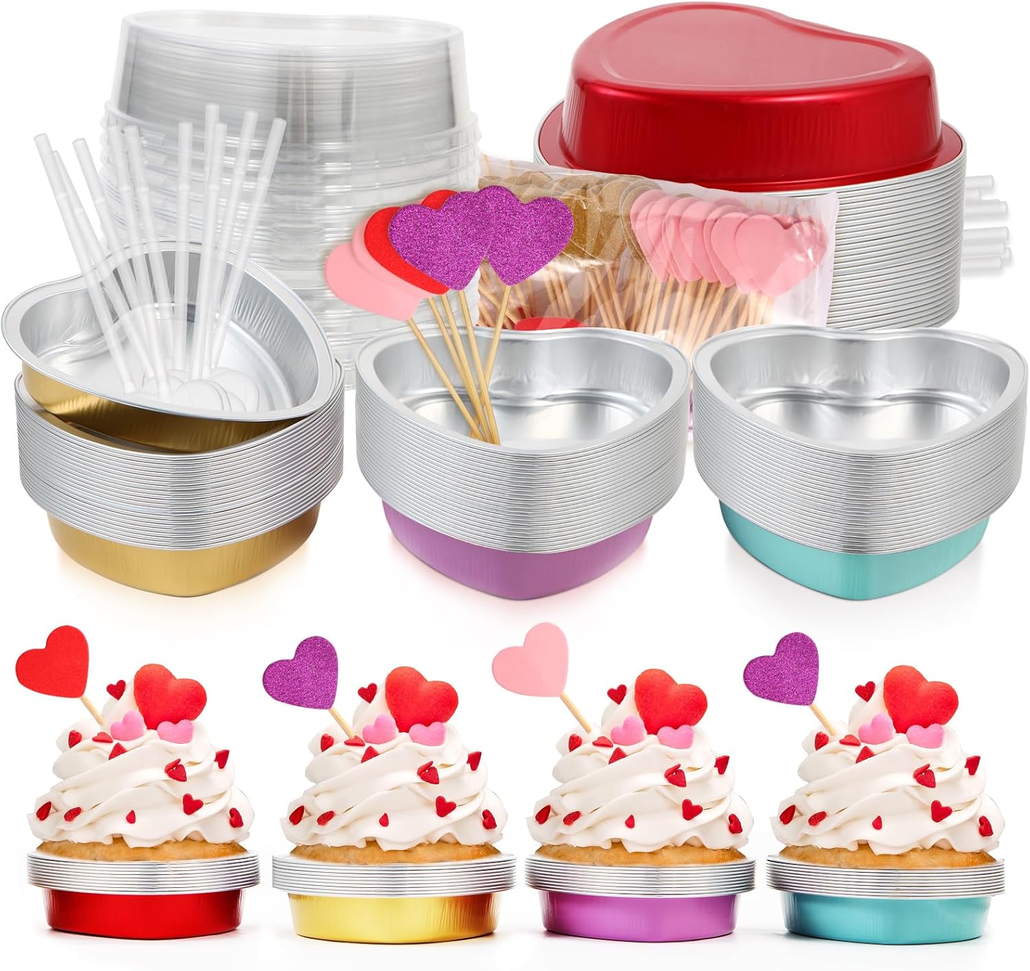 60 paquetes de moldes para pasteles en forma de corazón con tapas, 9 onzas7.6 fl oz, moldes de aluminio desechables de aluminio, moldes para