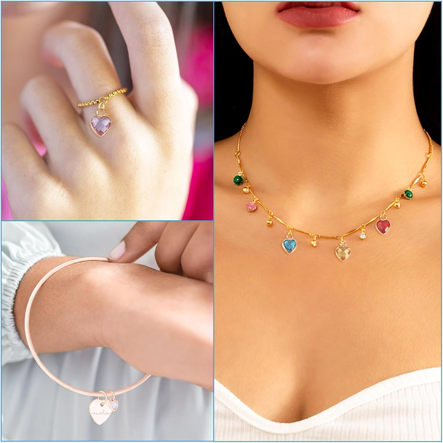 Cheriswelry Juego de 50 piezas de joyería de piedra natal con forma de corazón, dijes de cristal de aleación de letra A  Z, cuentas de latón, flores