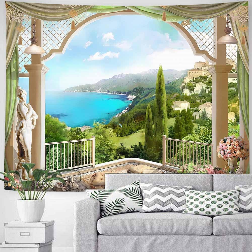 NTERC Tapiz de naturaleza con vista al balcón, verano, exuberante bosque, montaña, paisaje, para colgar en la pared, 80 x 60 pulgadas, isla