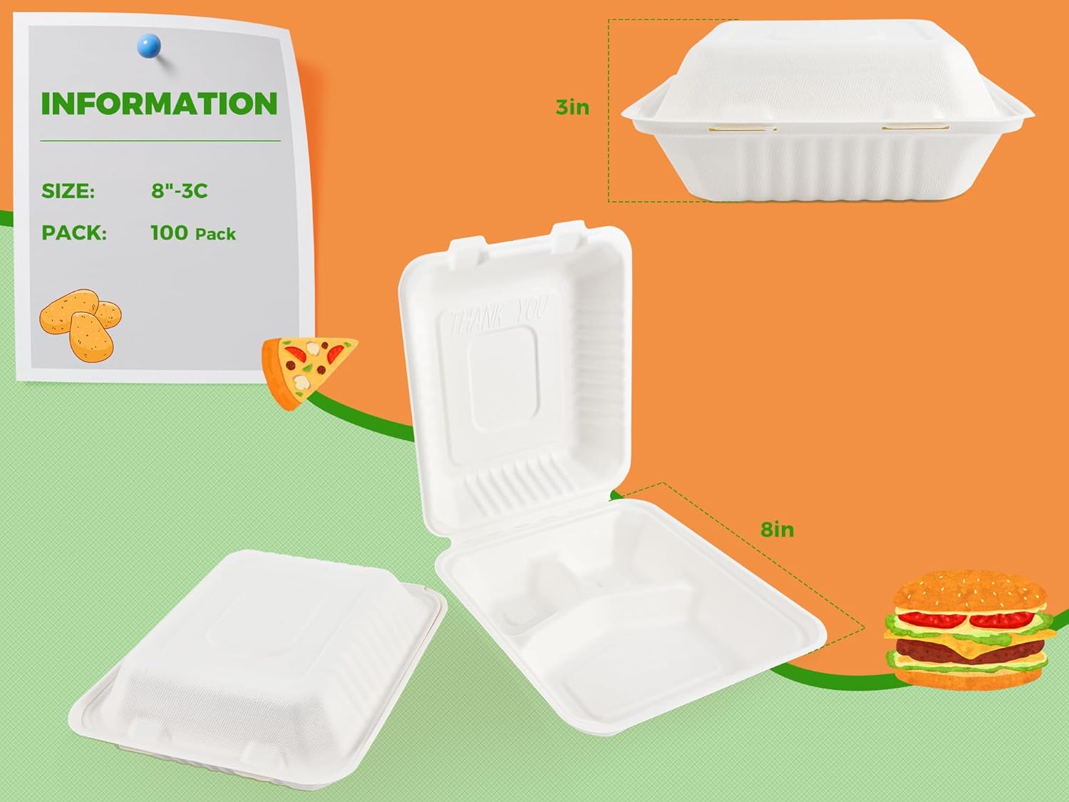 AUEAR, 8 pulgadas, 3 compartimentos paquete de 100, contenedores de alimentos compostables para llevar, cajas para alimentos, contenedor de