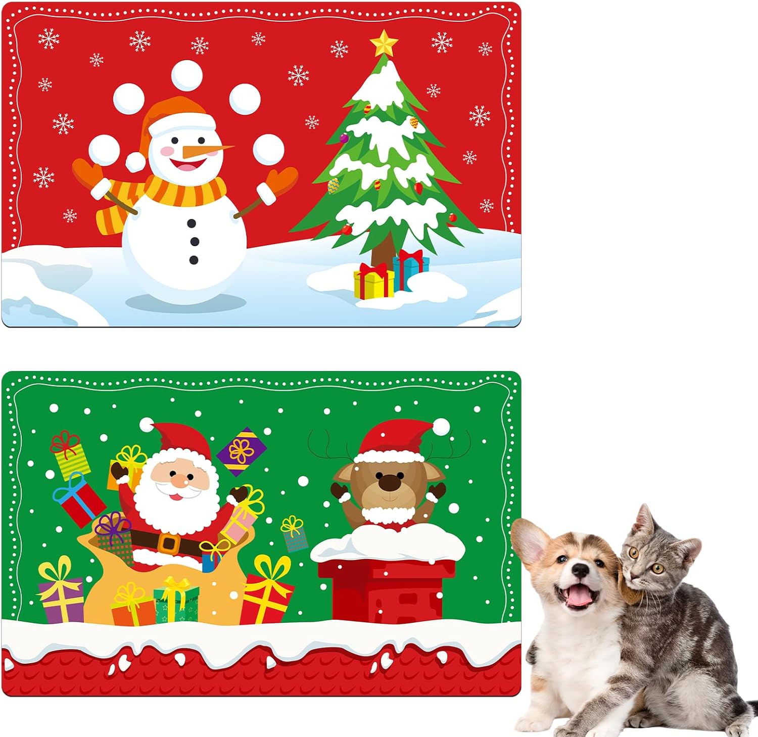 2 tapetes navideños para comida de mascotas, impermeables, antideslizantes, para comida para perros, tapete grande para comedero de perros, muñeco