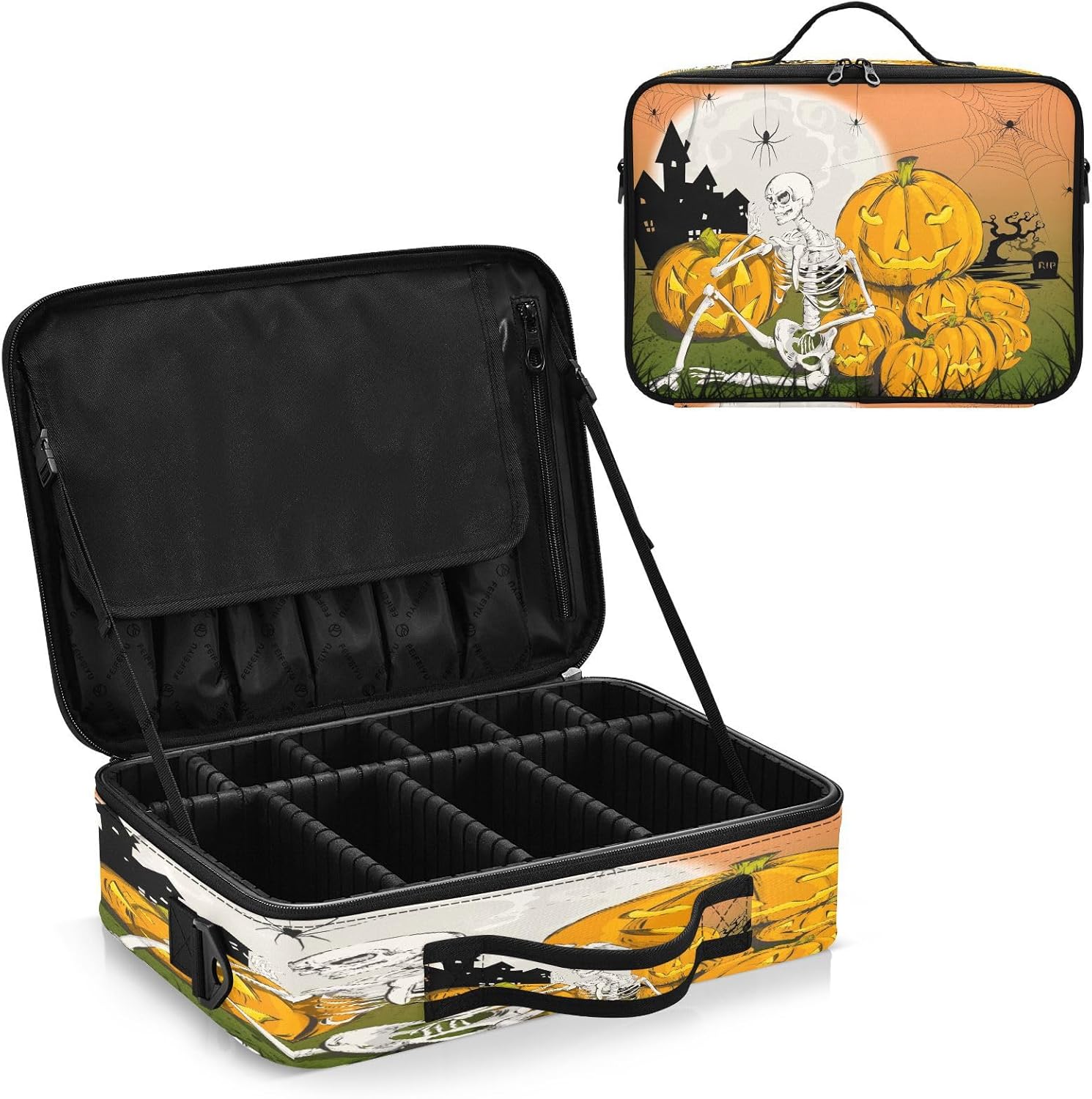 Skeleton Pumpkins Spiders Happy Halloween cosmetic bag makeup case travel size toiletries bag with compartments cute makeup bag cosmetiquera de