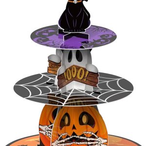Cinrobiye Soporte para cupcakes de 3 niveles de Halloween, colorido, cartón, ideal para mostrar postres, adecuado para decoración de fiesta de Cinrobiye Soporte para cupcakes de 3 niveles de Halloween, colorido, cartón, ideal para mostrar postres, adecuado para decoración de fiesta de