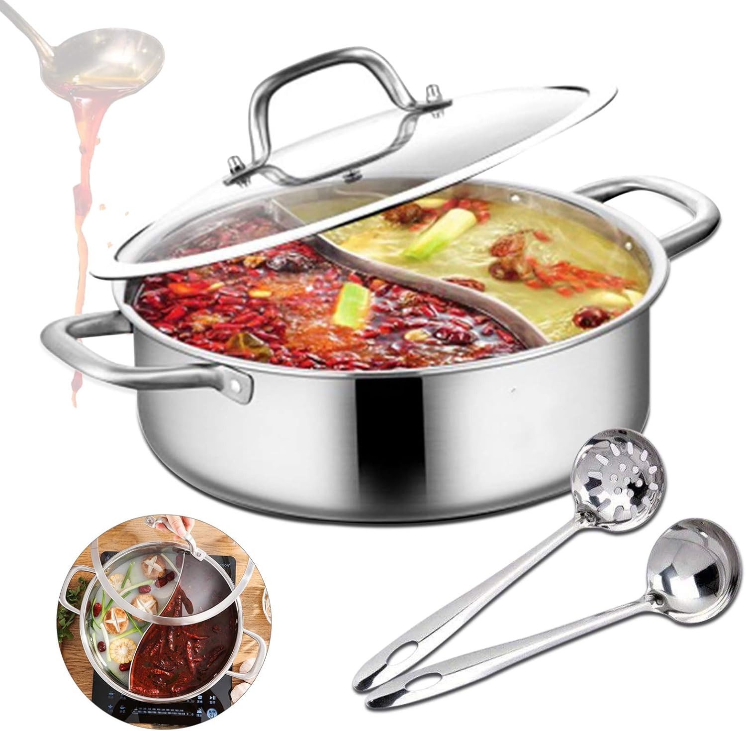 Olla caliente Shabu de doble cara, olla de acero inoxidable con divisor, olla dividida con 2 cucharones de sopa de alimentos y 1 tapa de vidrio
