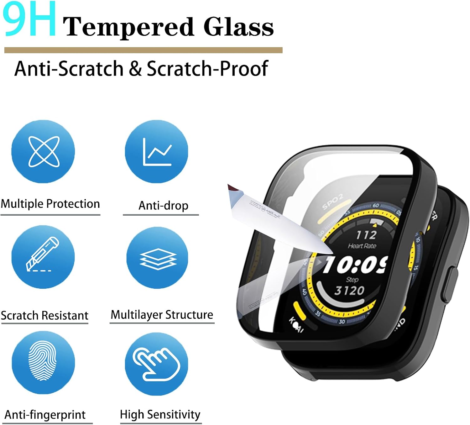 Qaerre Paquete de 5 Funda protectora de pantalla con vidrio templado compatible con reloj inteligente Amafit Bip 5, carcasa rígida de policarbonato