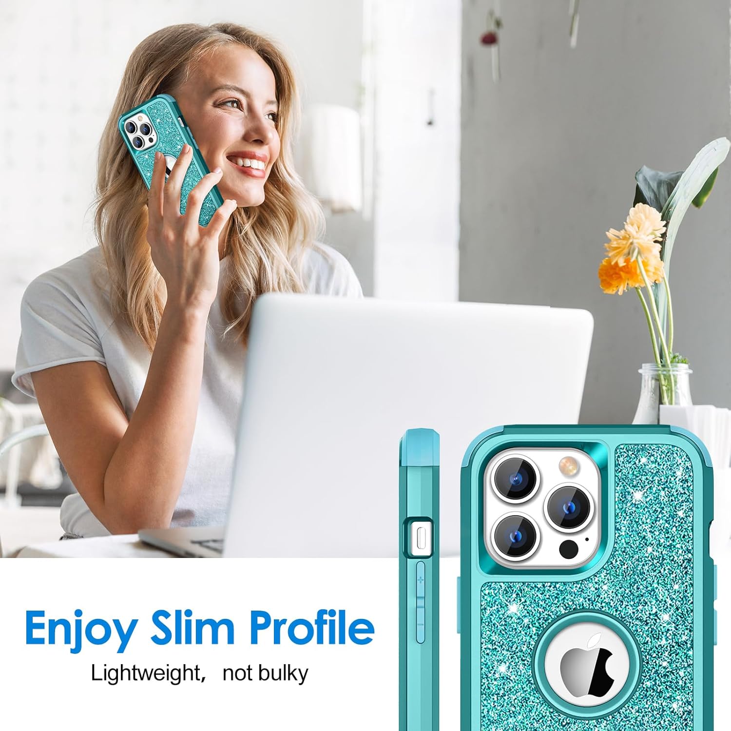 Hython Funda para iPhone 13 Pro Max con purpurina, bonita funda brillante brillante, resistente 3 en 1, híbrida de policarbonato duro suave,