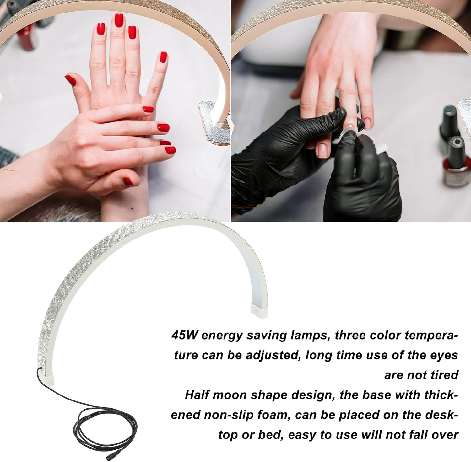 Lámparas de ahorro de energía de 45 W, lámpara de belleza de media luna con brillo y altura ajustables, lámpara de escritorio de manicura LED
