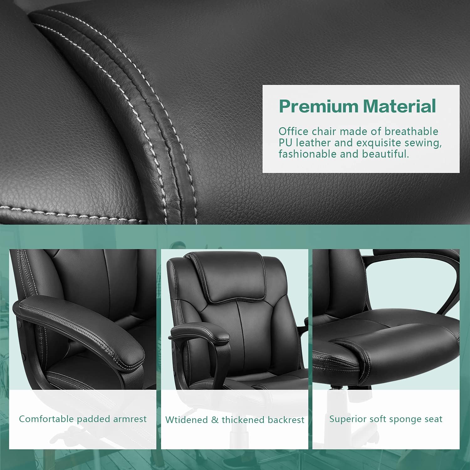 Silla ejecutiva de oficina giratoria con respaldo medio, asiento de escritorio ergonómico acolchado de cuero con soporte lumbar, reposabrazos, color