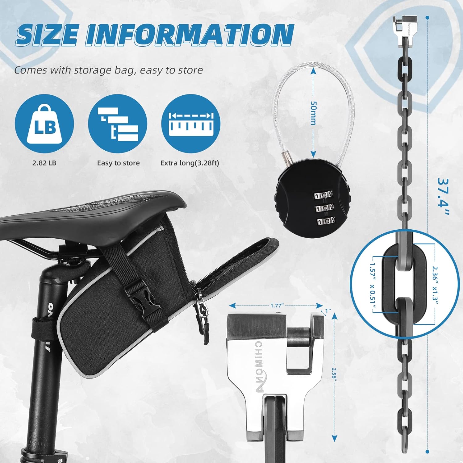 Candado de cadena para bicicleta con carcasa de ABS, cerradura de bicicleta de 3.12 pies con 0.4 pulgadas de grosor, cerradura de bicicleta