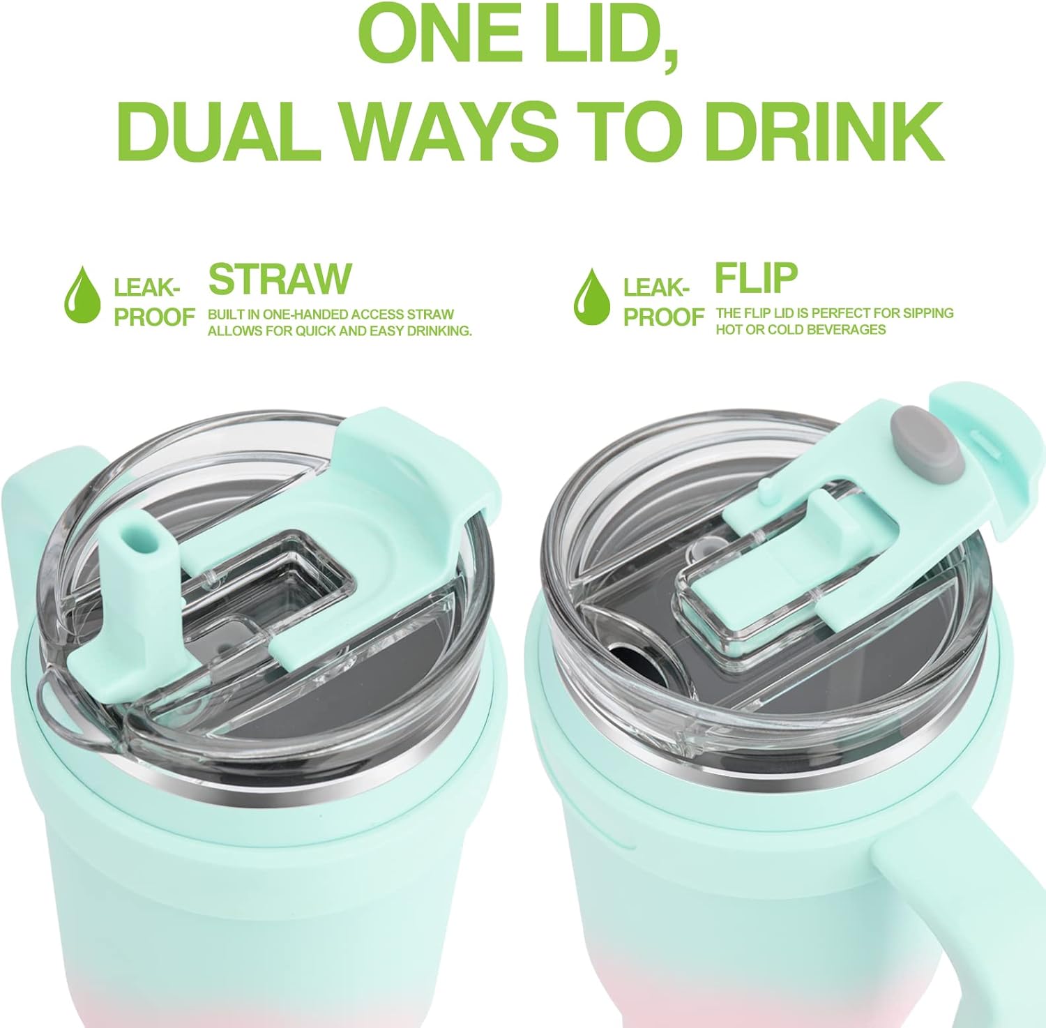 Vaso de 50 onzas con asa, vaso grande de acero inoxidable aislado a prueba de fugas con popote abatible 2 en 1 y tapa para sorber mantiene las