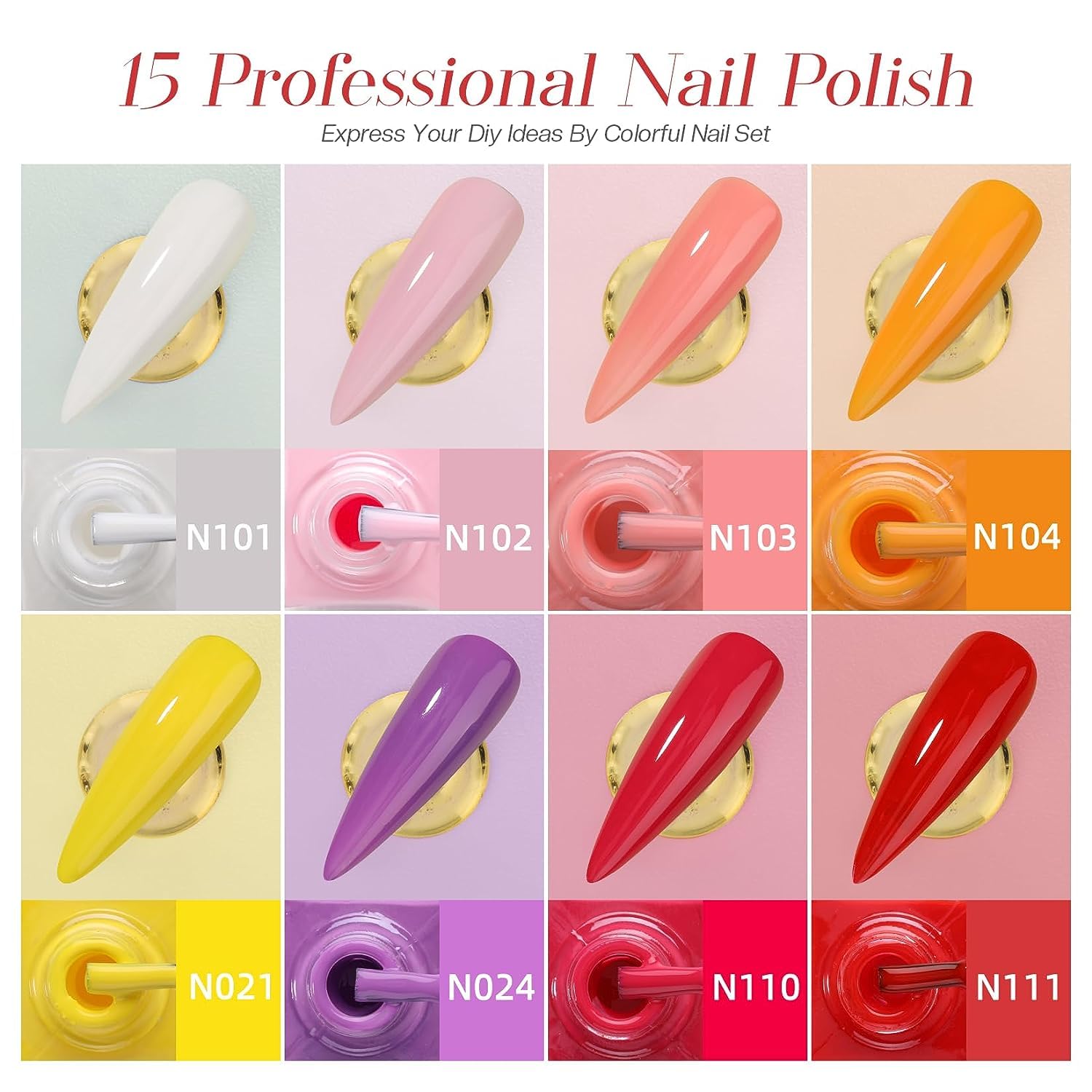 Morovan Juego de esmaltes de uñas Kit de esmalte de uñas de 15 colores, esmalte de uñas brillante, kit de esmalte de uñas de color arco iris para