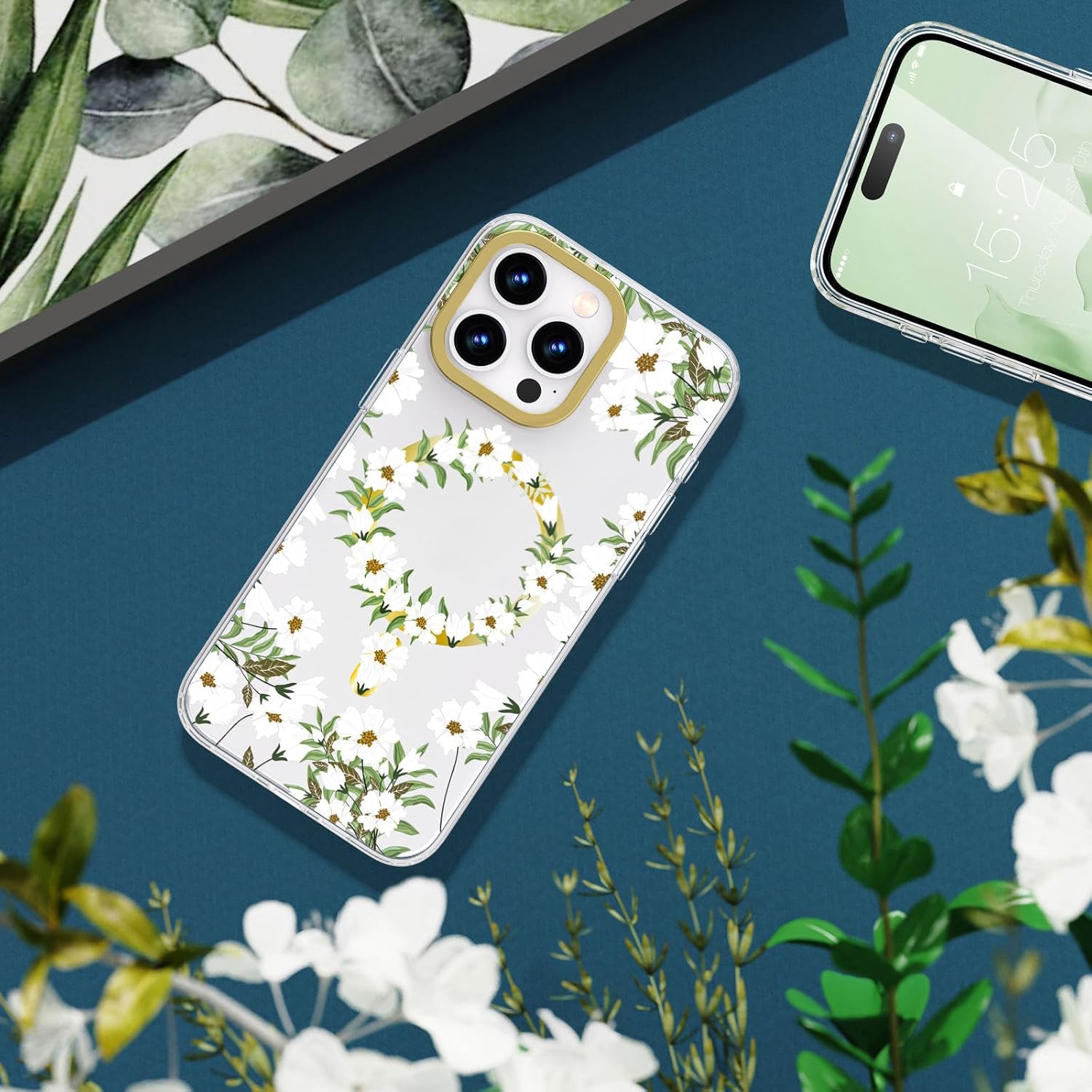 MILPROX Funda compatible con iPhone 15 Pro Max, compatible con MagSafe, bonito patrón floral de flores para niñas y mujeres, funda protectora