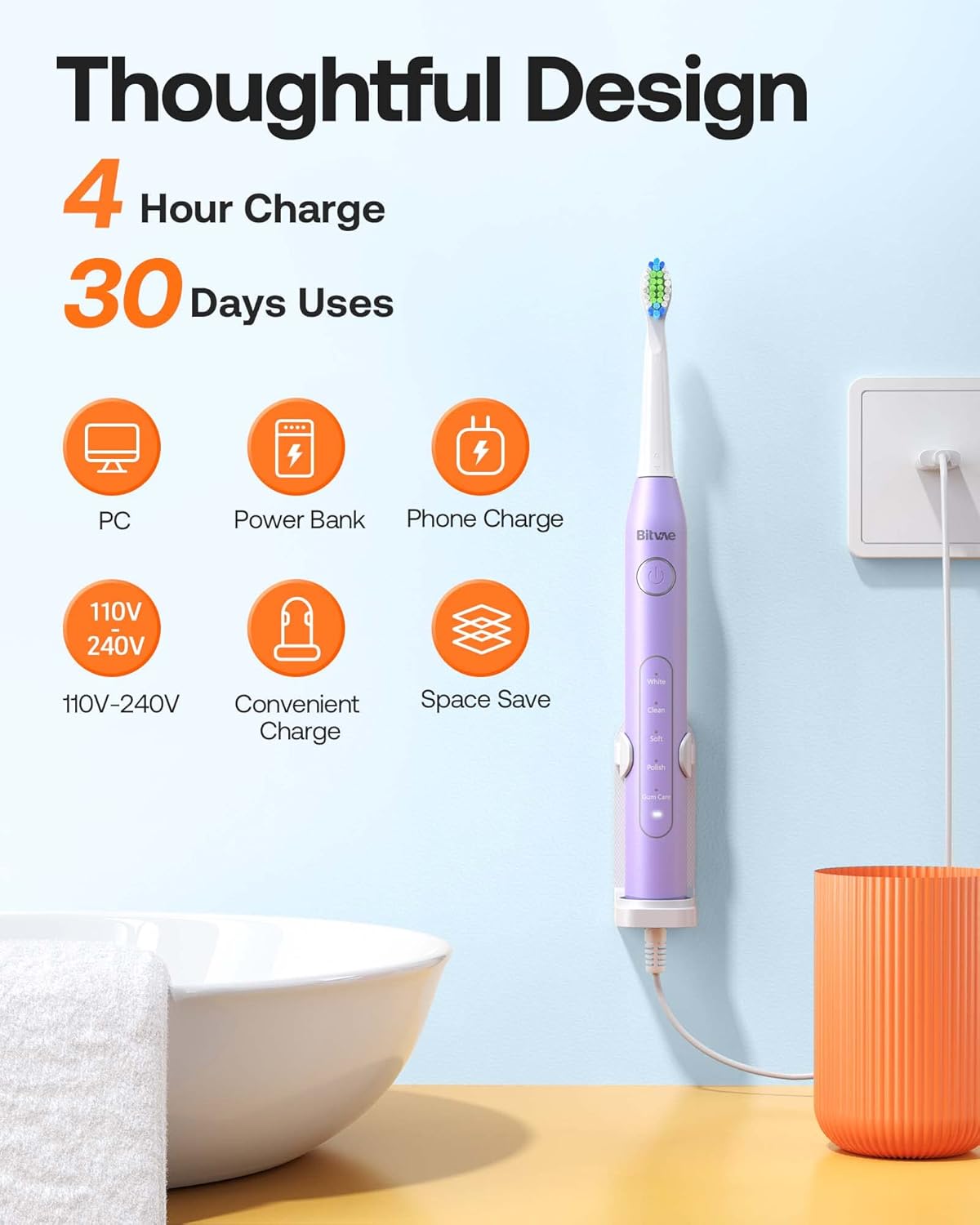 Bitvae Paquete de cepillos de dientes eléctricos ultrasónicos y giratorios para adultos y niños, cepillos de dientes recargables sónicos aceptados