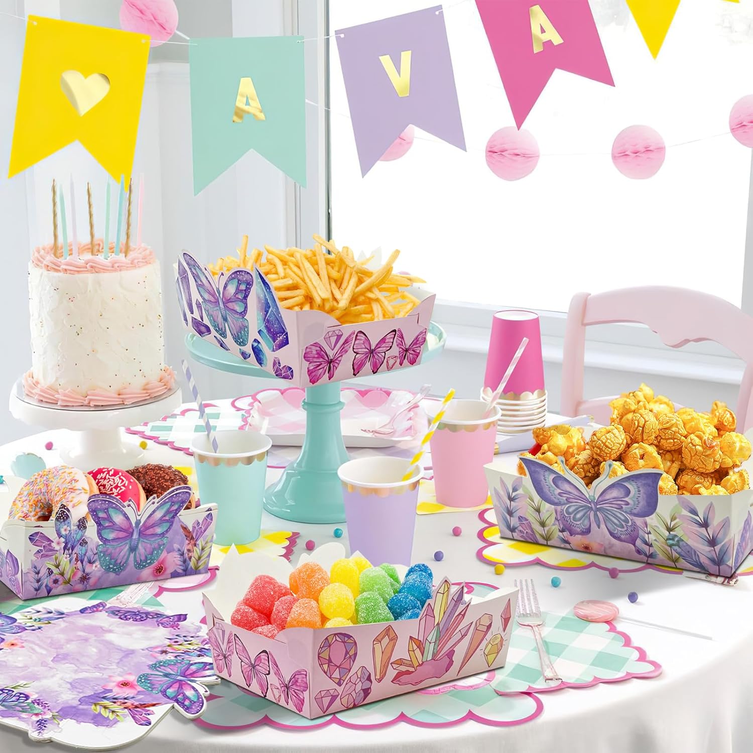 Suministros de fiesta de cumpleaños de mariposa, paquete de 24 bandejas desechables de mariposa para alimentos, cuenco de papel para niñas, baby