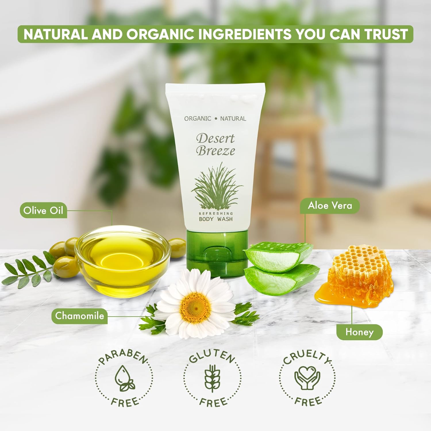 Desert Breeze Gel de baño, artículos de tocador de hotel tamaño viaje, tapa abatible de 1 oz (caja de 20)