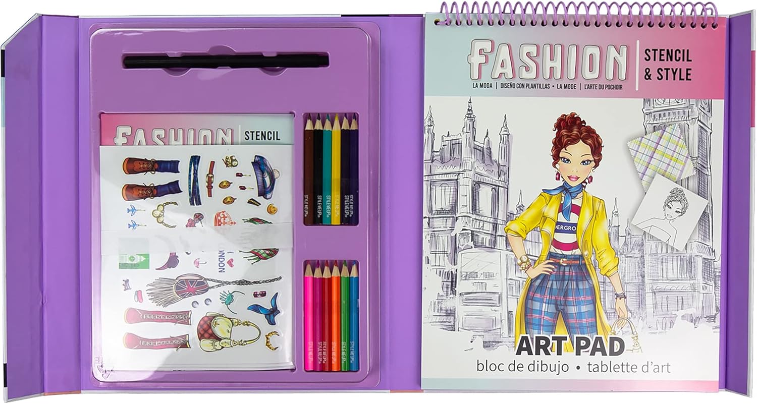 Style Me Up Plantilla y estilo de moda, kit de arte para niños, incluye 30 plantillas de modelos para elegir, más de 80 plantillas de moda para