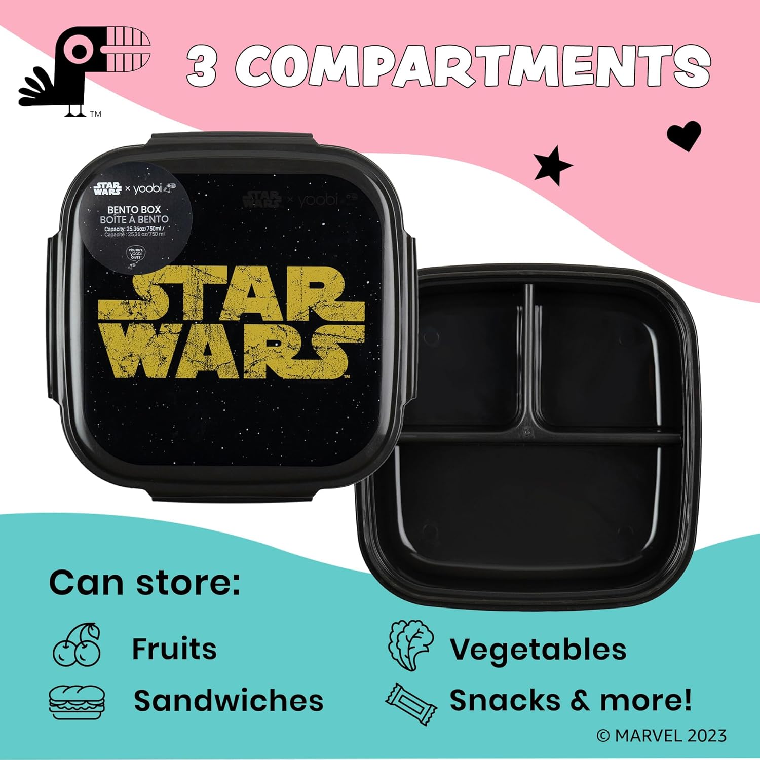Yoobi Star Wars X Classic – Caja Bento y bolsa de hielo negra – Lonchera de 3 compartimentos, apta para lavavajillas y microondas, contenedor de