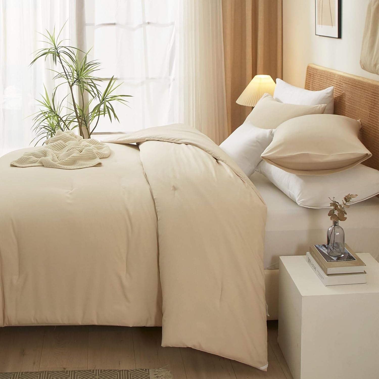 AMWAN Juego de edredón beige Queen Boho Beige Juego de ropa de cama de 3 piezas tamaño Queen, 1 edredón beige tostado con 2 fundas de almohada,
