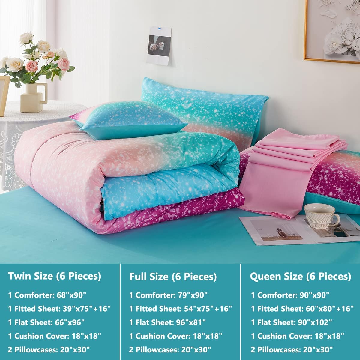 PERFEMET Juego de edredón Queen con sábanas, juego de ropa de cama de 6 piezas de teñido anudado arco iris para niñas, ropa de cama degradado con