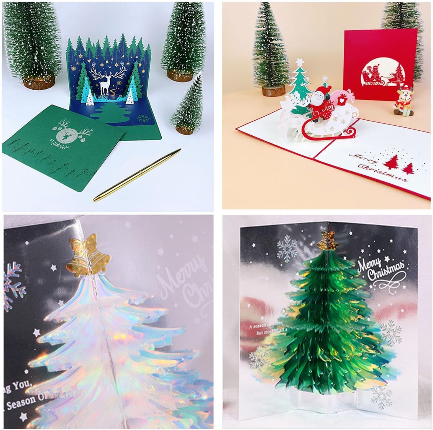 Tarjeta desplegable 3D única de árbol de Navidad  Sobre creativo de Navidad con purpurina 2024, tarjeta tridimensional, tarjeta de felicitación de