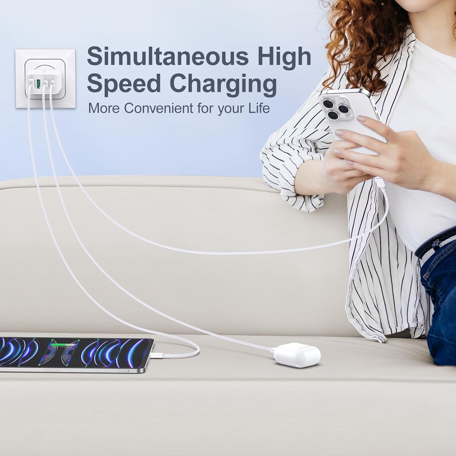 Cargador de pared USB C, bloque de cargador USB C de 40 W, 4 puertos, bloque de carga rápida, adaptador de alimentación PD+QC tipo C para iPhone