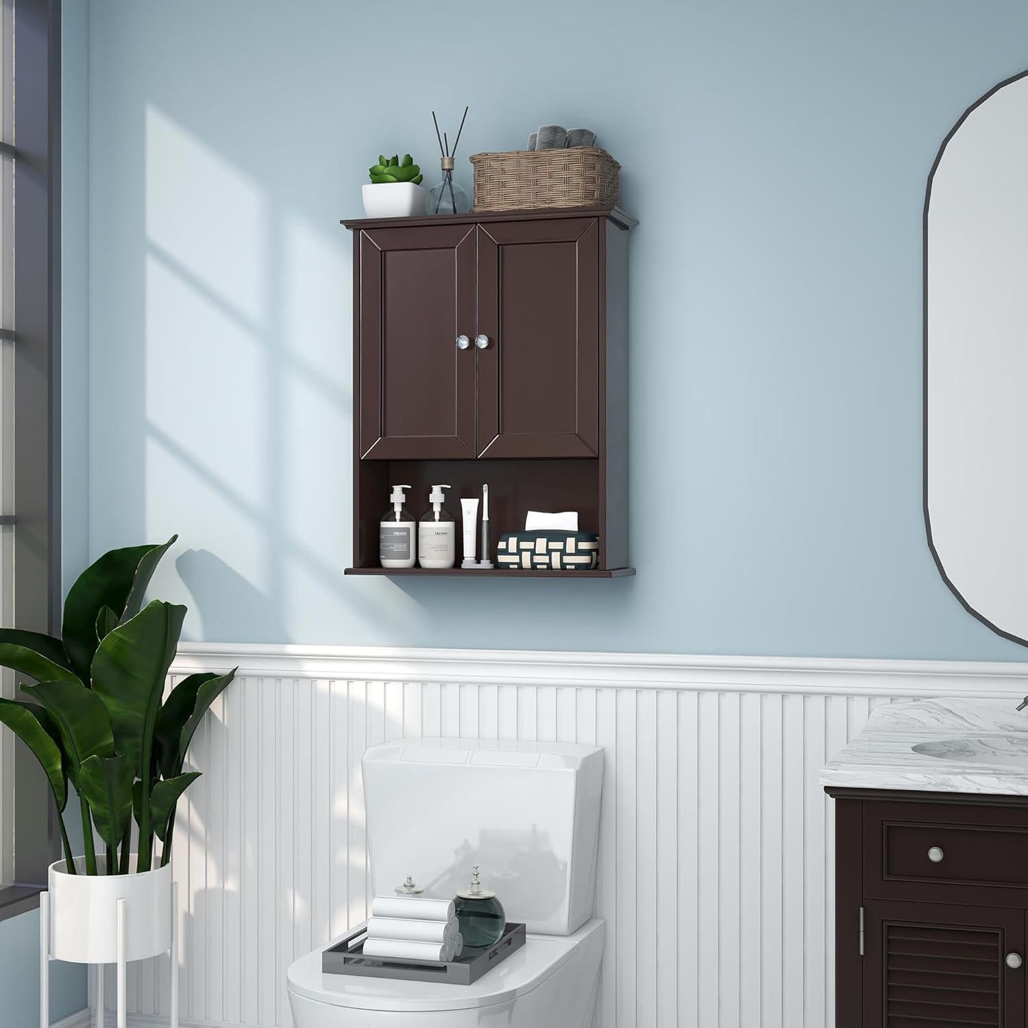 VANIRROR Armario de pared para baño, color marrón, sobre inodoro, 24 x 30 pulgadas, armarios de madera para medicamentos montados en la pared con 2