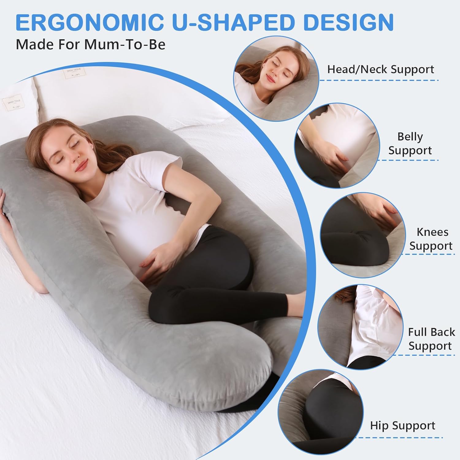 Almohadas de embarazo, almohada de cuerpo completo en forma de U con funda de terciopelo lavable, almohadas de embarazo de maternidad de 55 pulgadas