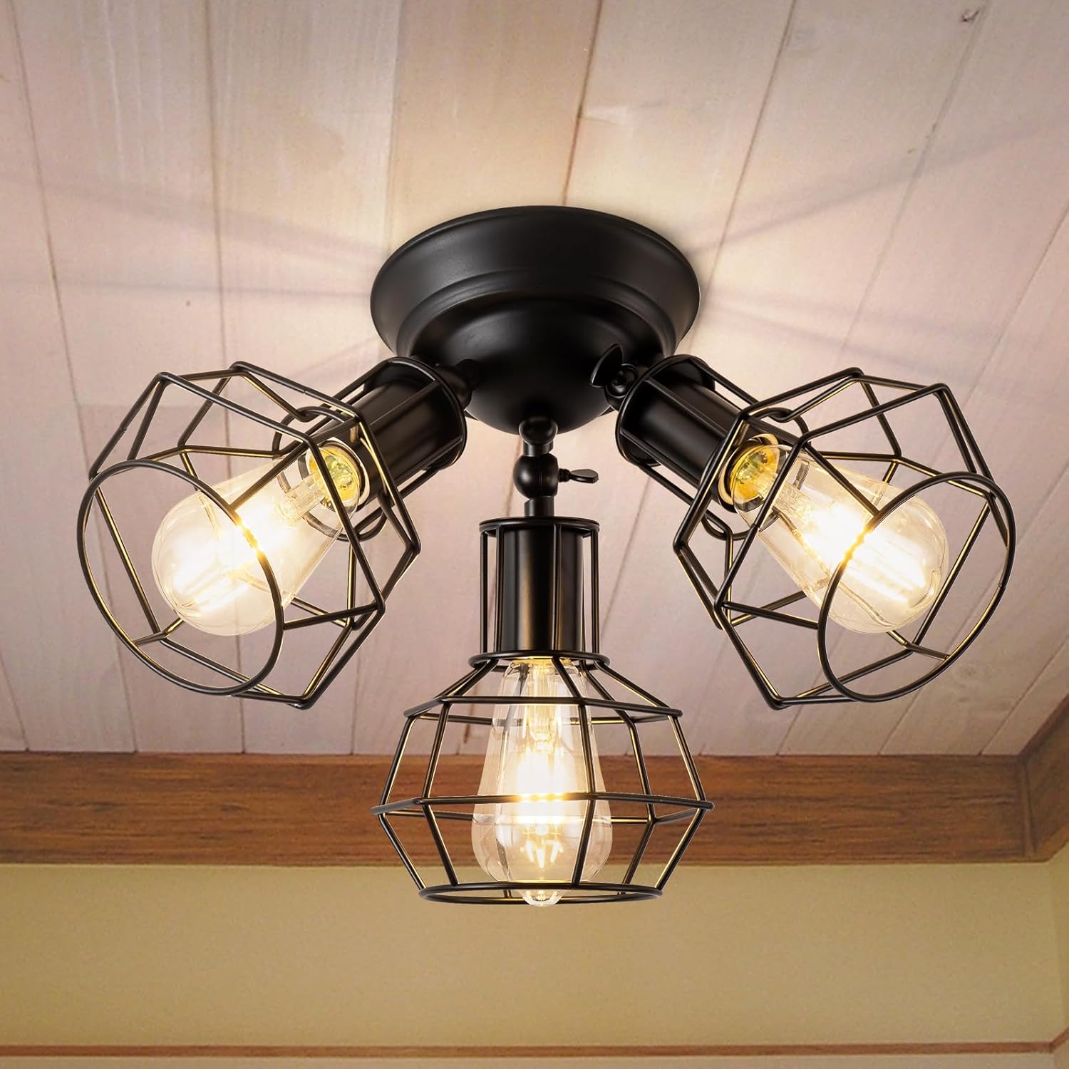 Lámpara de techo industrial negra semiempotrada vintage de 3 luces de jaula negra, lámpara de techo de montaje empotrado negro para cocina,