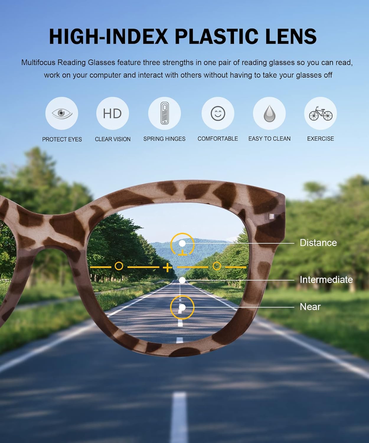 Eyekepper Lentes de lectura progresivos de gran tamaño para mujer, protección UV, multienfoque, lentes de lectura trifocales Noline – Marco