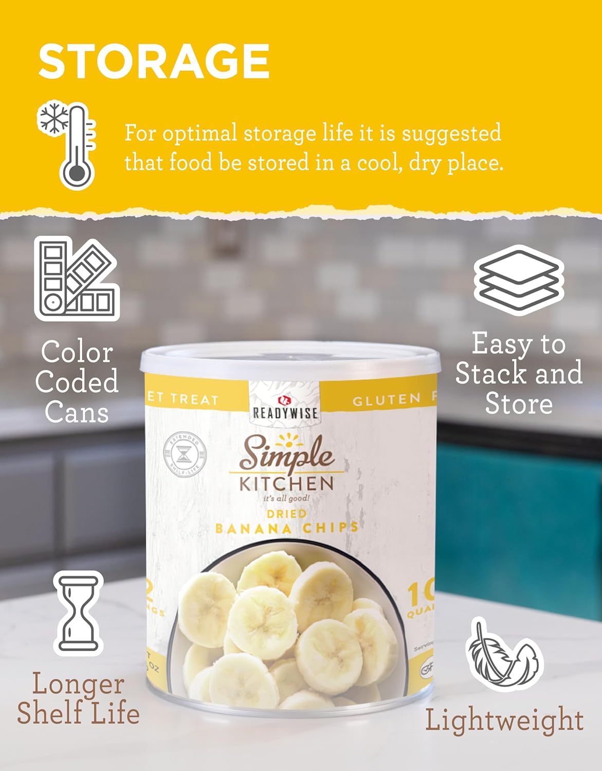 READYWISE – Chips de plátano secos Simple Kitchen, 22 porciones, vegano, sin gluten, aperitivos de frutas, papas fritas, alimentos enlatados,