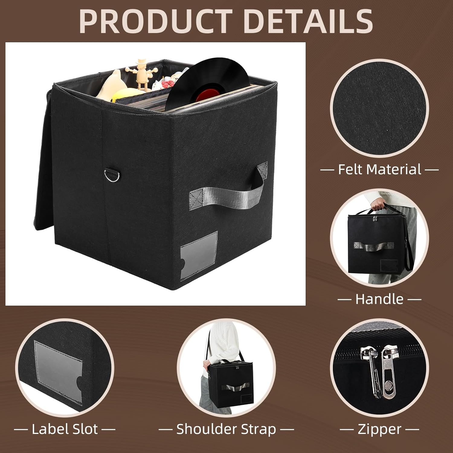 Rasugarlary Caja de almacenamiento de discos de vinilo con capacidad para más de 50 discos con tapa para proteger álbumes, organizador de