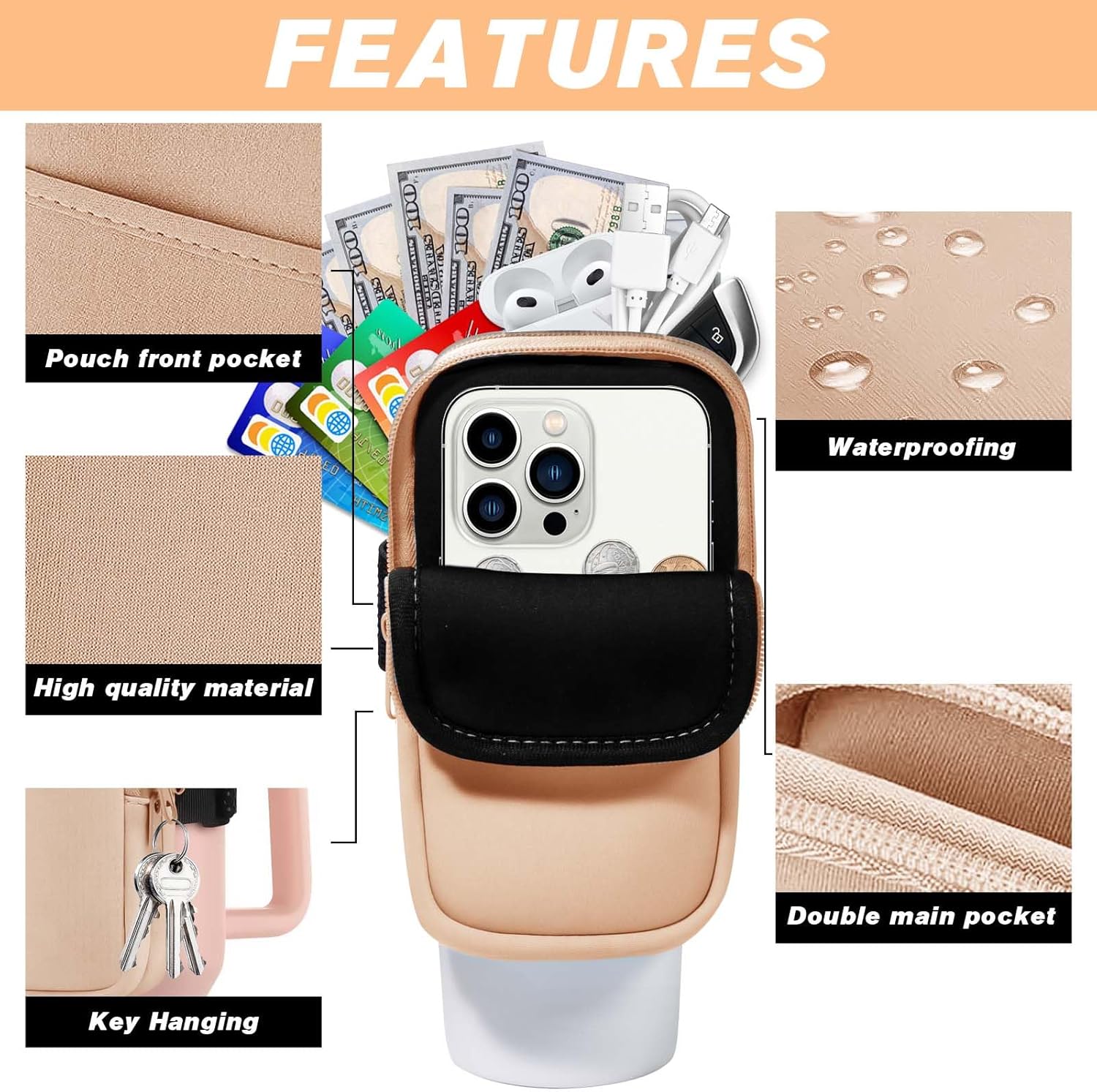 Bolsa para botella de agua Stanley Quencher Adventure de 40 onzas, accesorios para vaso de gimnasio para mujer, bolsa de vaso para tarjetas, llaves,